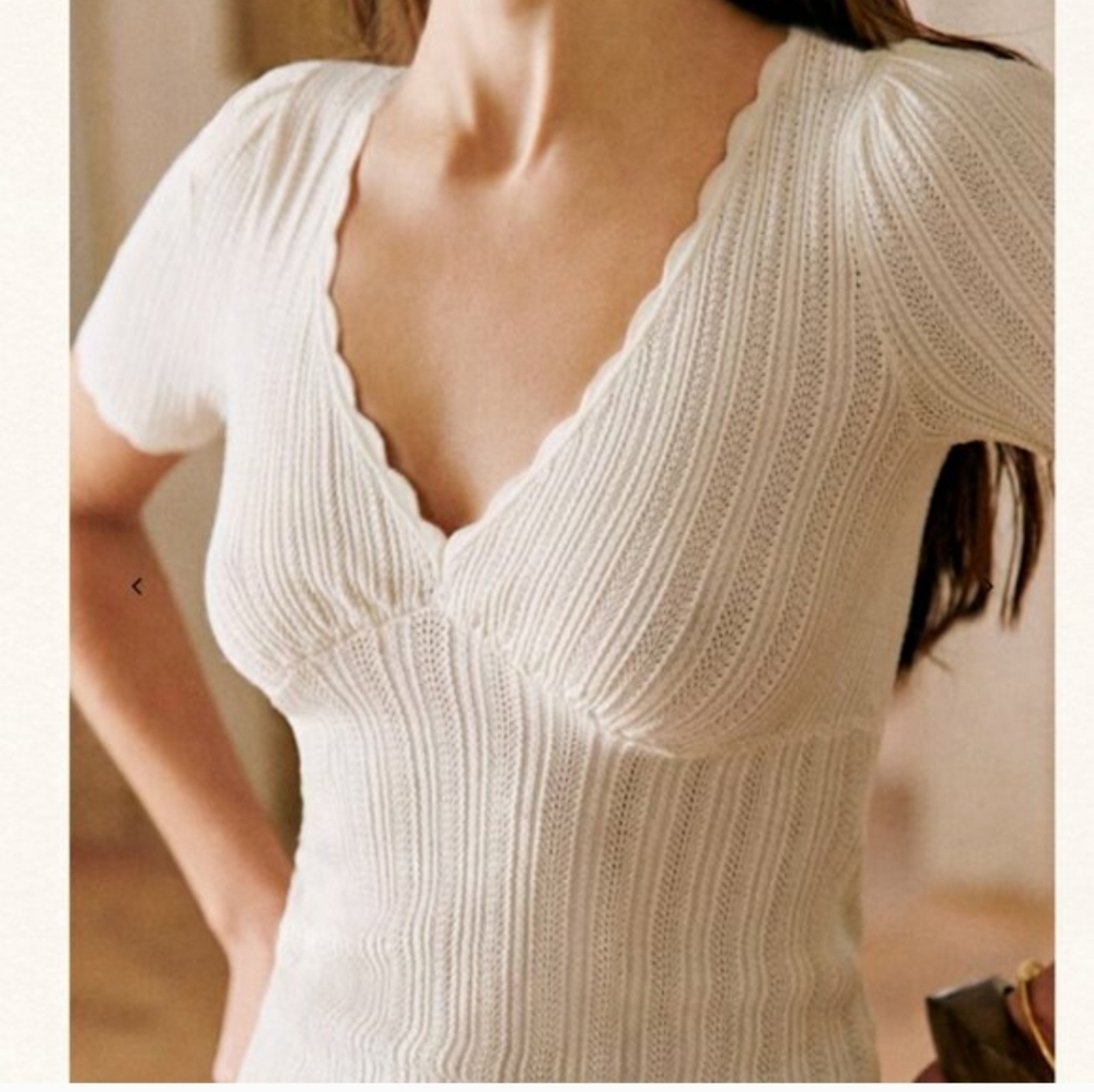 Sezane Cloe Jumper Medium Women's White Ribbed V Neck Top Blouse Shirt #20 - Picture 2 of 13